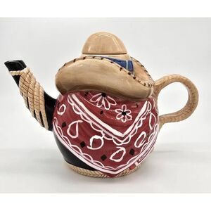 Young's Gifts Western Cowboy Coffee Teapot Unique Porcelain Red Bandana‎ NEW NIB